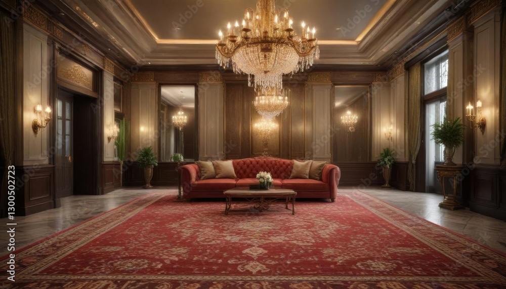 Fototapeta premium Elegant hotel lobby with ornate chandelier and plush carpet, ornate details, grand staircase