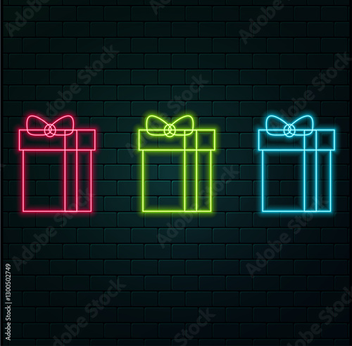 Outline neon gift box icon. Glowing neon gift box frame with crown sign, royal present pictogram. Premium gift, luxury present, royal prize and giveaway, best surprise. Vector icon set