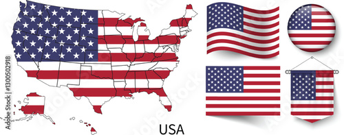 The different designs of USA's national flags and the map showing USA's borders