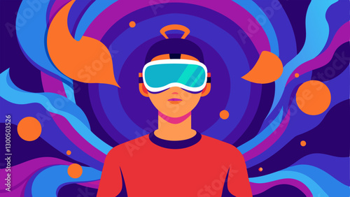 Virtual Reality Escape A figure wearing virtual reality goggles surrounded by chaotic swirling colors that their mental state indicating how gaming can be a form of