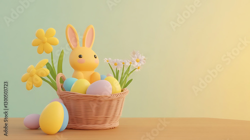 Easter family decoration in a colorful basket indoor setting whimsical atmosphere