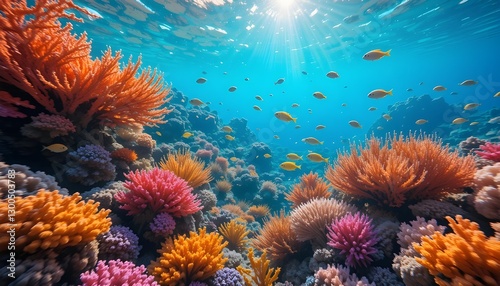 Underwater Coral Reef Scene with Colorful Marine Life and Sunlight photo