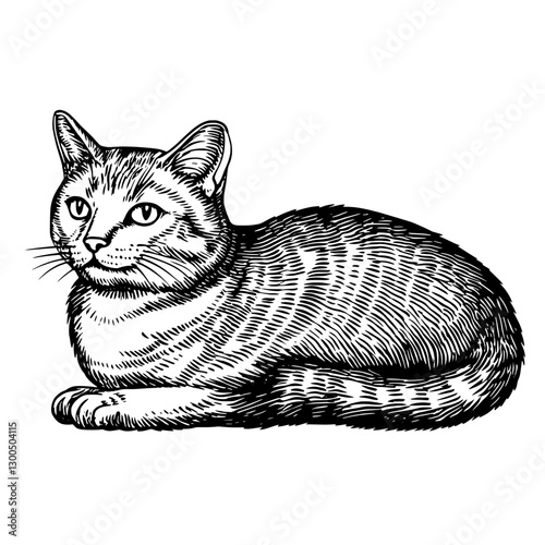 Engraved illustration of a lounging domestic cat in a relaxed position