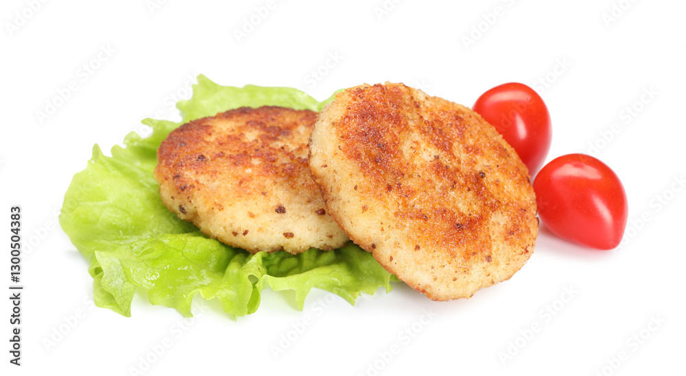Delicious patties, tomatoes and lettuce isolated on white Delicious patties, tomatoes and lettuce isolated on white
