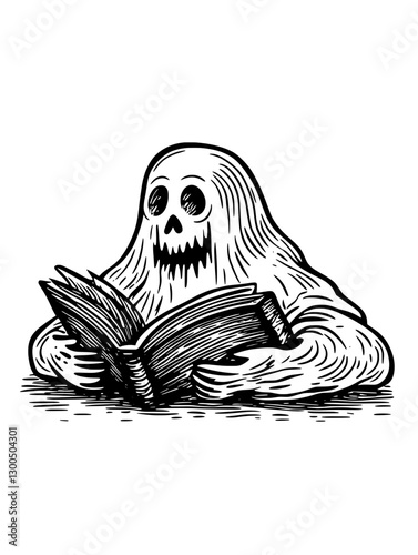 Engraved illustration of a ghostly figure reading a book with a spooky ambiance