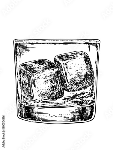 Vector engraved illustration of a glass with two ice cubes resting in liquid