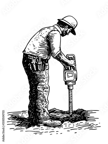 Skilled worker operating a handheld power tool for ground digging in construction site during daytime