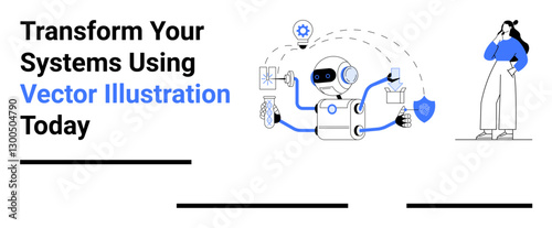 Robot multitasking with tech tools and data icons, user observing. Ideal for AI, automation, tech solutions, innovation, smart systems, futuristic designs, flat landing page banner