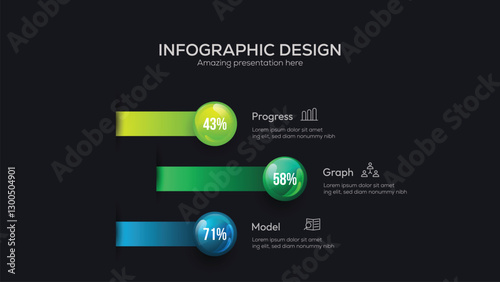 Business 3 option infographic presentation vector 3D colorful balls illustration. Company statistics information graphic visualization template Corporate marketing analytics data report design layout