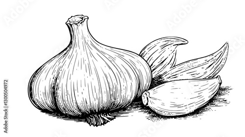 Vector engraved illustration of garlic bulb and cloves on a wooden surface