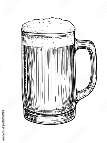 Elegant vector engraved illustration of a frothy beer mug showcasing rich textures and intricate detail