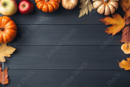 Autumn harvest arrangement of colorful pumpkins, apples, and leaves on wooden table showcasing seasonal bounty and inviting festive spirit photo