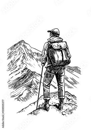 Hiker stands on mountain peak admiring panoramic view of rugged landscape under a clear sky