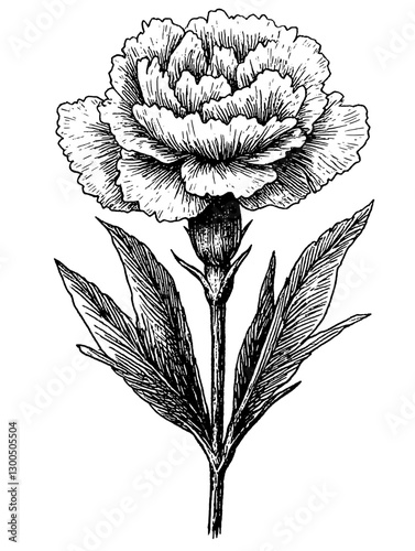 Engraved illustration of a carnation flower with leaves in detailed vintage style