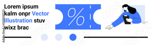 Woman examining a percentage-marked ticket while sitting and holding a file. Ideal for e-commerce, sales, discounts, marketing, analytics, business planning, creative abstract line flat metaphor
