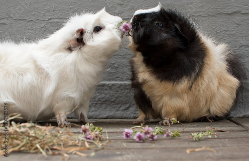 Wallpaper Mural Ein weißes und ein schwarz-braunes Meerschweinchen fressen an der gleichen lila Blüte und sehen so aus, als würden sie sich küssen. Torontodigital.ca