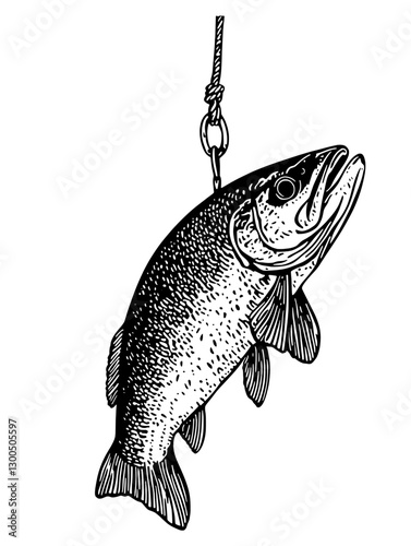 Engraved illustration of a freshly caught fish hanging on a fishing line with detailed textures and features