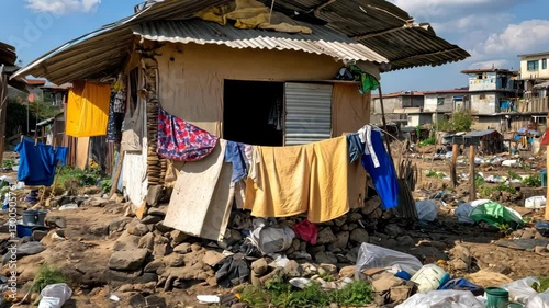Run-Down House Surrounded by Refuse and Clothes in Urban Environment