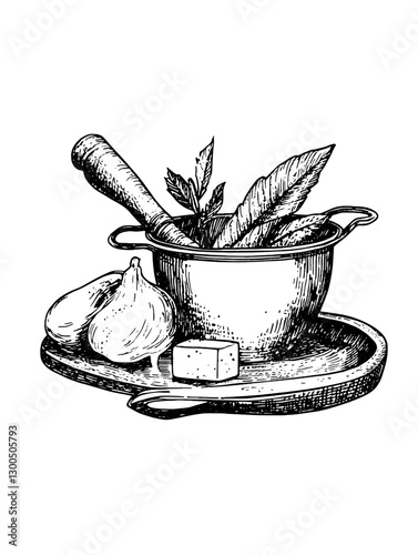 Vintage vector illustration of a mortar and pestle with fresh ingredients and herbs on a wooden board