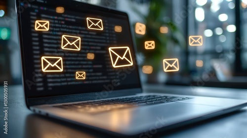 Glowing Email Icons on Laptop Screen