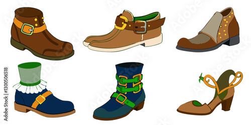 A set of detailed leprechaun shoes in various styles, including classic curled toes, modern boots, and decorative shoe buckles, isolated on a white background.
