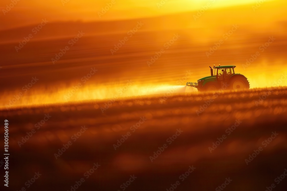 Fototapeta premium Tractor spraying crops in golden sunset, agricultural machinery working in field, farming technology, rural landscape, sustainable agriculture at dusk.