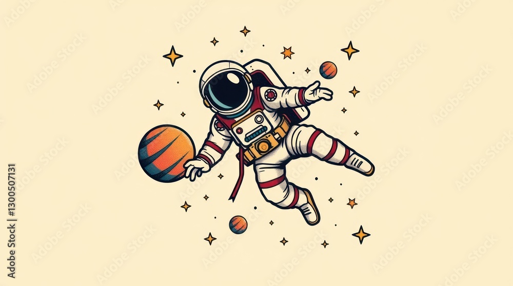 Obraz premium Astronaut Playing with Planets in Space Cartoon Illustration with Stars