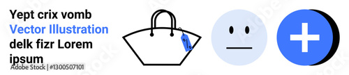 Handbag outlined with attached tag, neutral emotion face, and bold plus symbol. Ideal for retail, shopping, fashion, e-commerce, emotion, healthcare user interface flat landing page banner