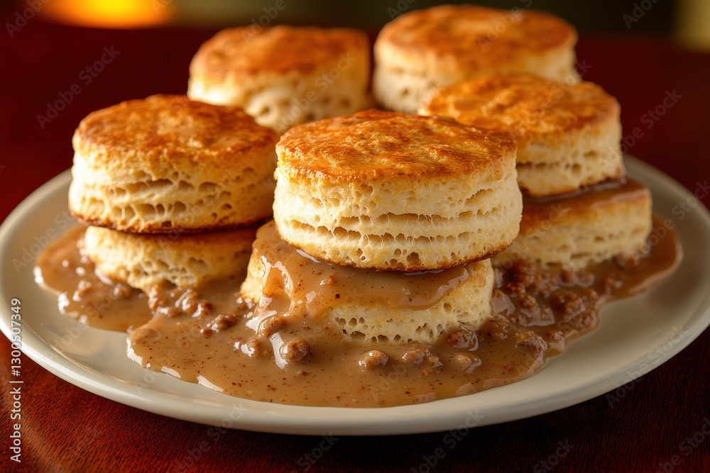 A tempting plate of freshly baked biscuits, stacked high and smothered in creamy, savory sausage gravy, ready to be enjoyed as a classic comfort food. A tempting plate of freshly baked biscuits, stacked high and smothered in creamy, savory sausage gravy, ready to be enjoyed as a classic comfort food.