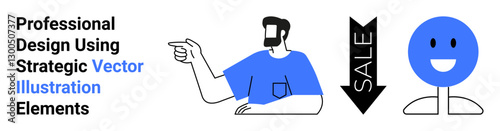 Wallpaper Mural Man pointing at a downward sale arrow next to a smiling face. Bold text for emphasis. Ideal for marketing, sales, advertising, design, visual identity, customer engagement, flat landing page banner Torontodigital.ca
