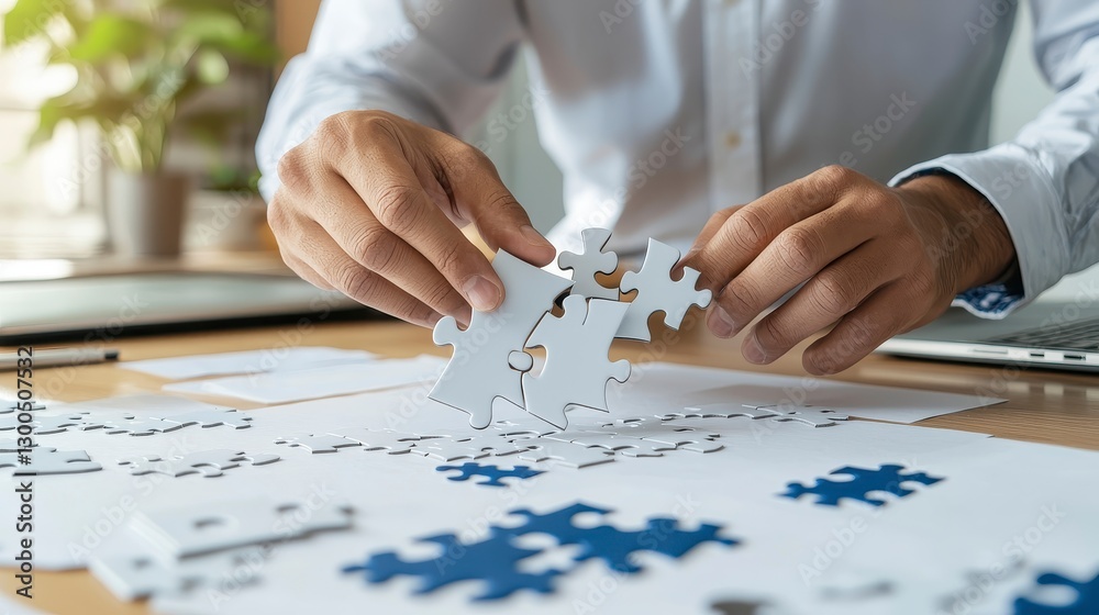 Fototapeta premium Hands Assembling White Puzzle Pieces on Wooden Table
