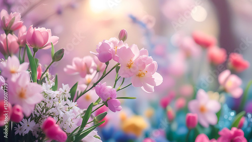 A field of red and pink roses with a soft boke of light in the backdrop