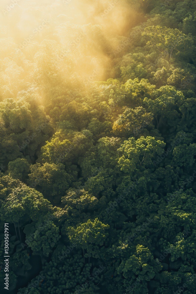 Obraz premium Aerial view of lush green forest with sunlight filtering through trees, nature landscape, peaceful outdoor scenery, eco-friendly environment wallpaper.