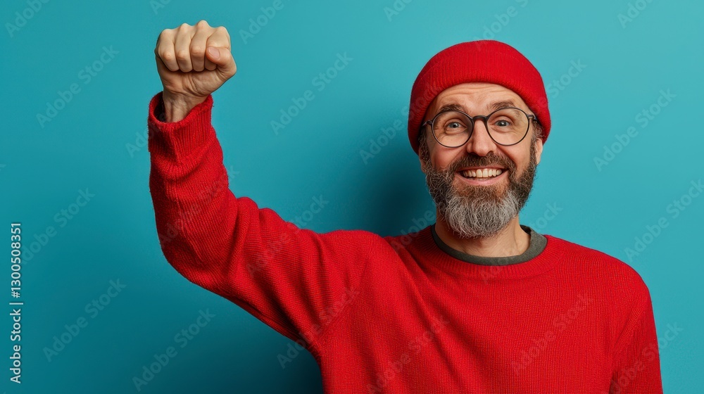 Happy Man in Red Sweater Celebrates Success Happy Man in Red Sweater Celebrates Success