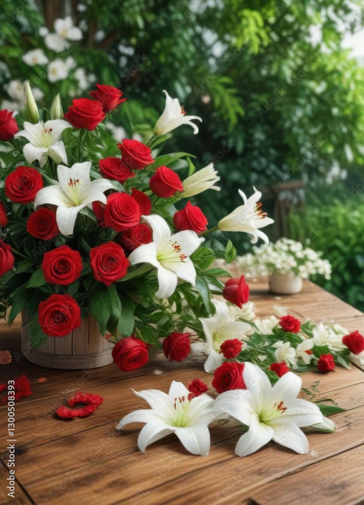Obraz premium Red roses on a wooden table surrounded by lush greenery and white lilies, romantic background, natural elements