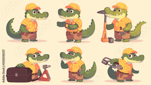 Cartoon crocodile characters dressed as construction workers performing various tasks in a playful setting