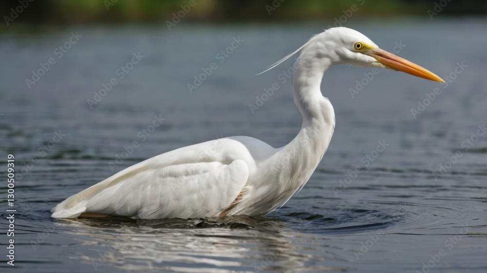 Graceful White Heron with Orange Beak Standing in Blue Water Under Natural Sunlight Focused Wildlife Photo Graceful White Heron with Orange Beak Standing in Blue Water Under Natural Sunlight Focused Wildlife Photo