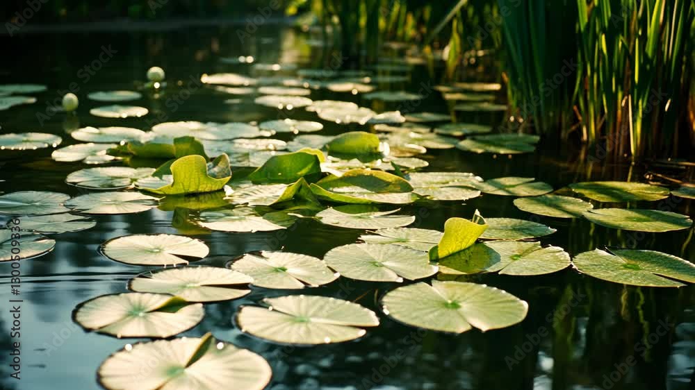 Serenity of a lily pond reflecting nature's beauty in a tranquil setting during golden hour