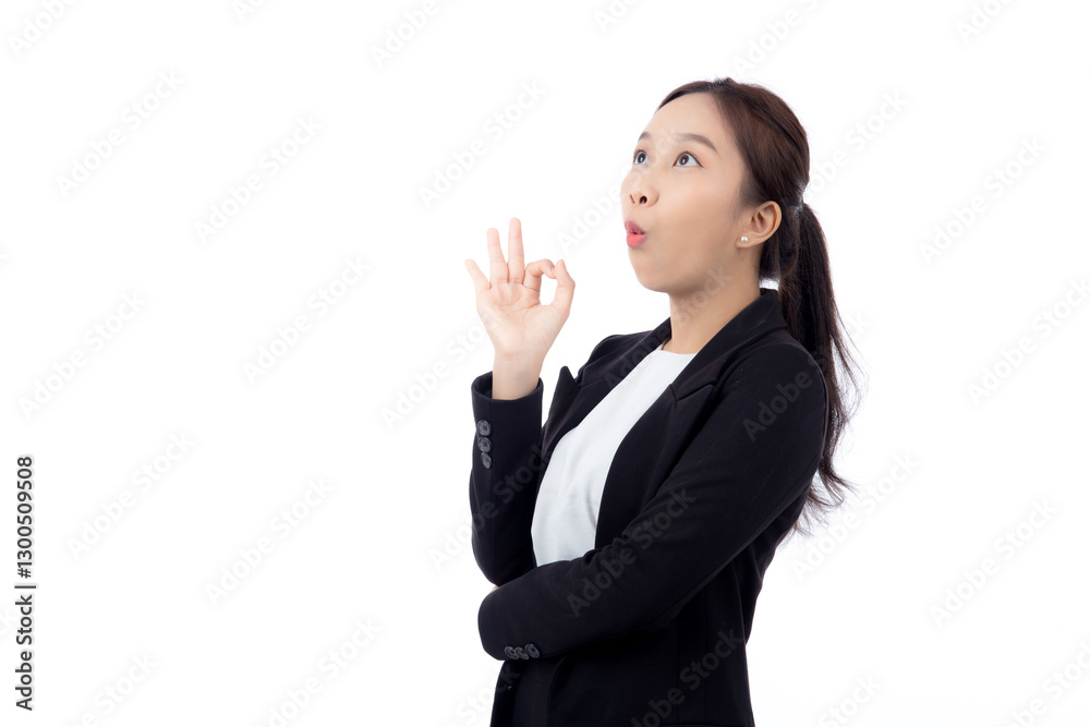Portrait young asian business woman in suit gesture ok while surprise isolated white background, businesswoman with expression with shock, business and emotion, one person. Portrait young asian business woman in suit gesture ok while surprise isolated white background, businesswoman with expression with shock, business and emotion, one person.