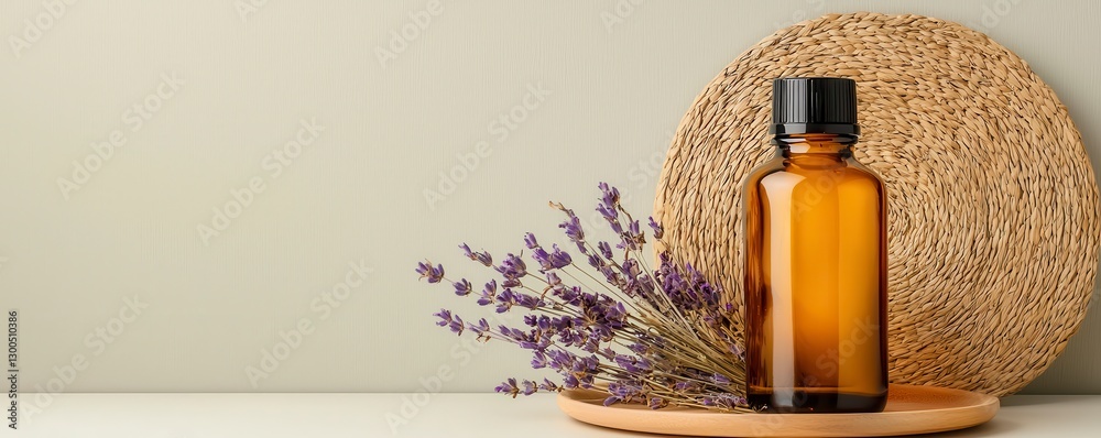 Fototapeta premium Lavender Essential Oil and Dried Flowers on Wooden Tray