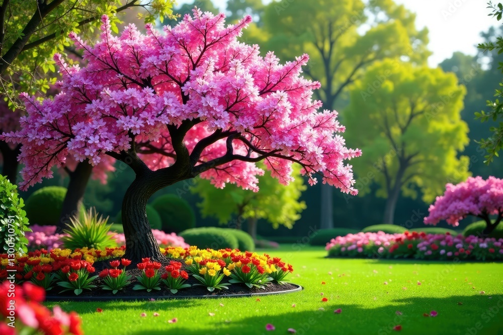Naklejka premium Pink tree in a garden with large colorful flowers, spring, tree colors, nature