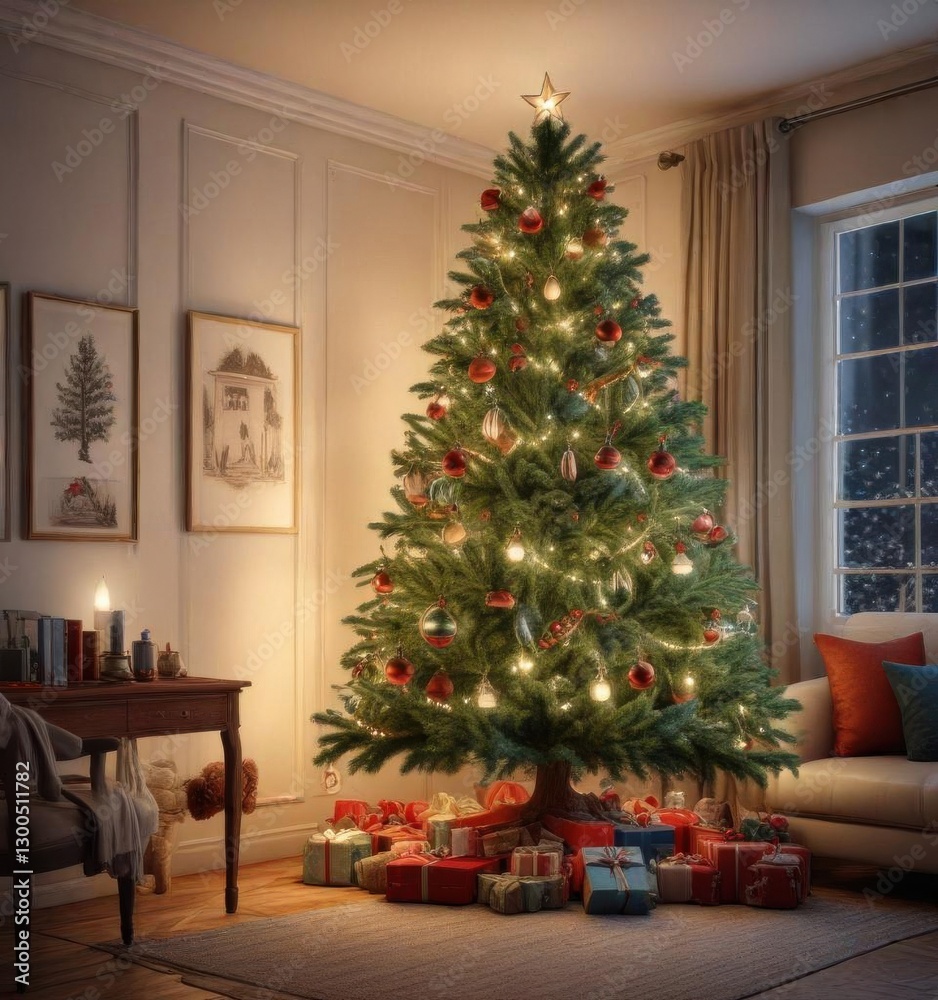 Christmas Tree with Ornaments and Lights in a Cozy Room, holiday decor, seasonal Christmas Tree with Ornaments and Lights in a Cozy Room, holiday decor, seasonal