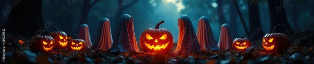Naklejka premium Ghostly figures gather around a glowing jack-o-lantern, spooky, mystical, pumpkins