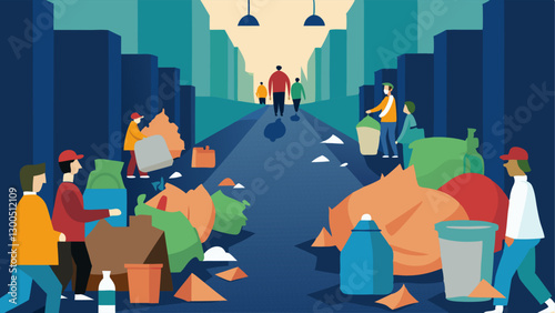 Waste Accumulation An alleyway overflowing with garbage and litter with people stepping around piles of trash depicting the challenge of waste management in crowded places.