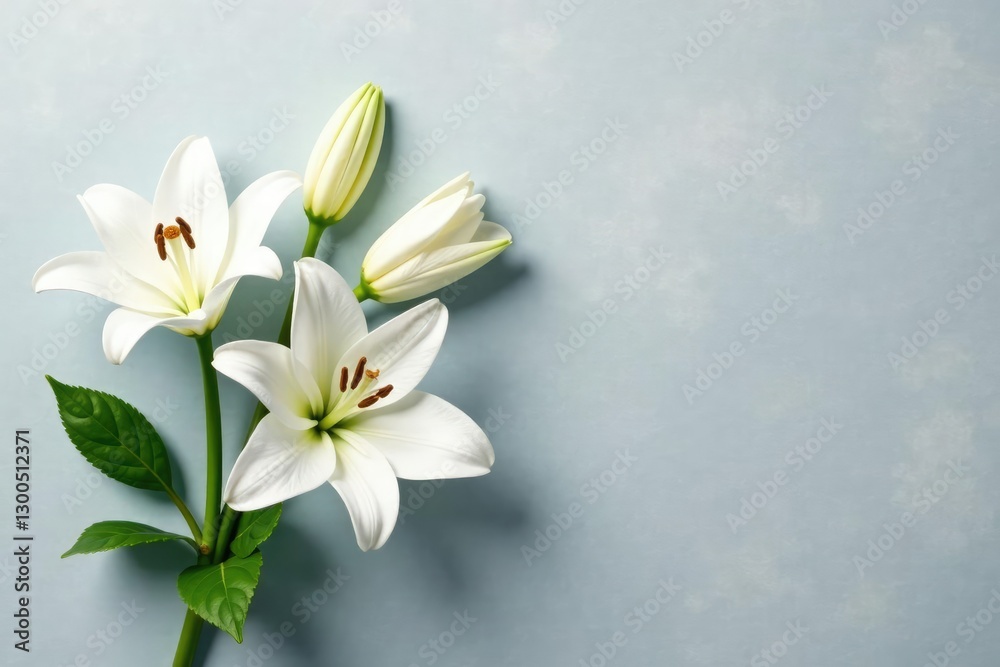 Naklejka premium White lily blooms on a soft grey background with subtle texture, grey, serene, delicate
