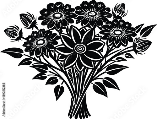 AI generated Silhouette spring flower bouquet tied with ribbon black color only