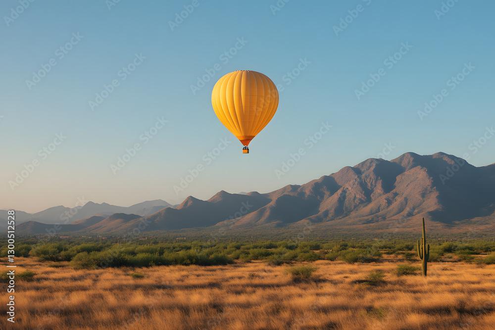 Obraz premium Hot air balloon floats over a desert landscape, mountains in the background, clear skies overhead. Adventure in the Southwest with nature's beauty.