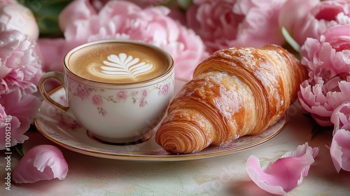 Fototapeta Naklejka Na Ścianę i Meble -  Delicious croissant and latte art coffee surrounded by blooming peonies on a soft table setting enhancing a cozy morning experience