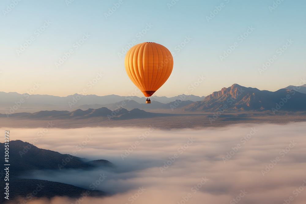 Obraz premium Hot Air Balloon Over Mountain Peaks and Foggy Valleys