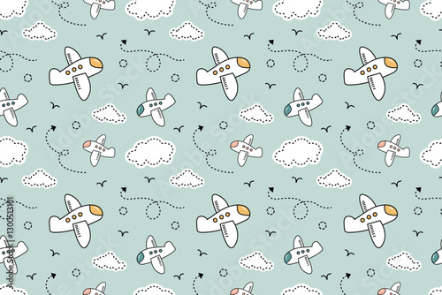 Cute airplane with clouds kiddy illustration abstract seamless repeat pattern